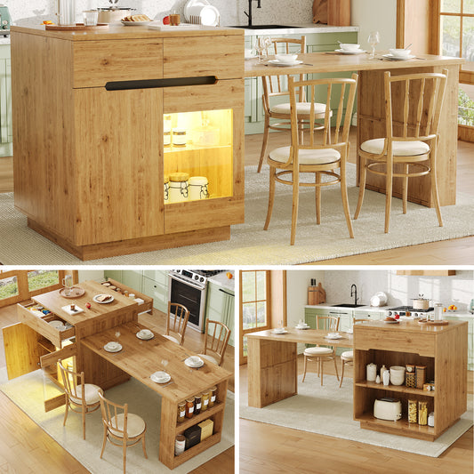Kitchen Island With Extendable Table, Multifunctional Kitchen Storage Cabinet With LED Lighting  App Control , Oak Effect, Glass Door, For Kitchen & Dining Room