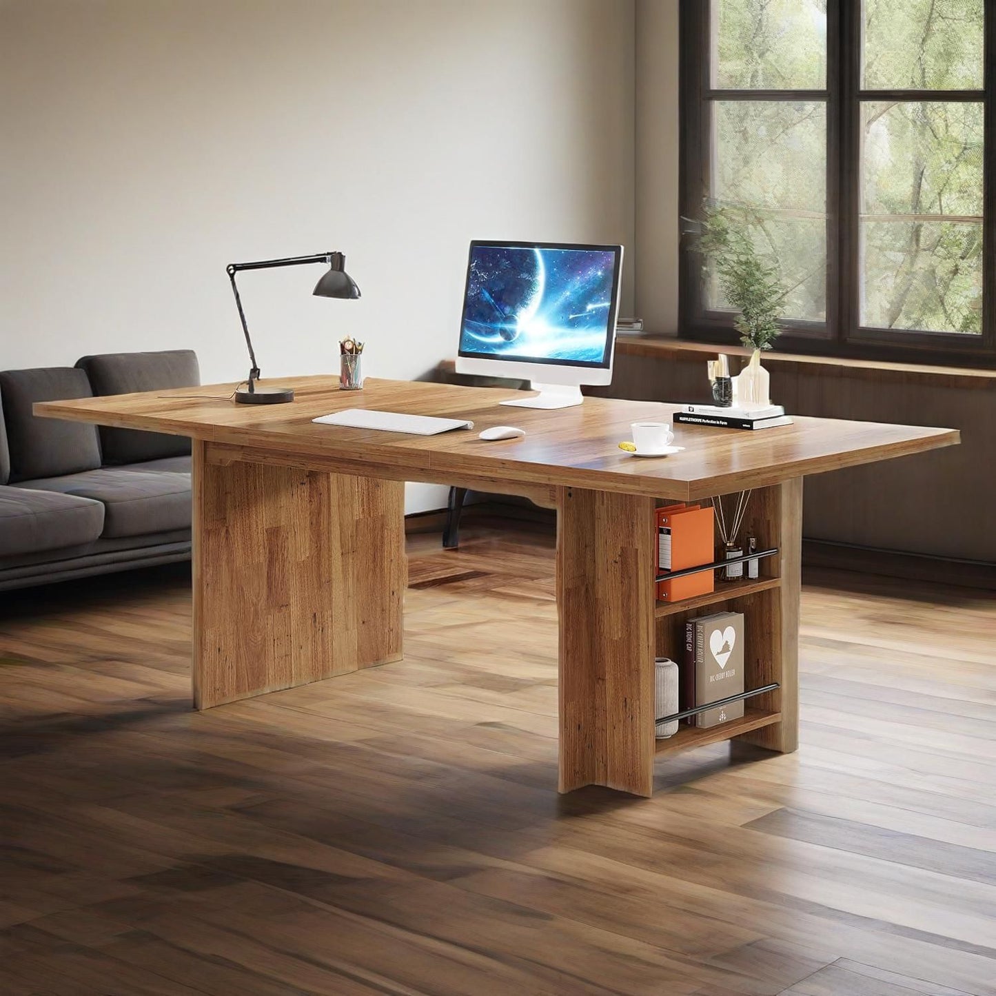 62.99-Inch Computer Desk, Modern Executive Office Desk, Large Long Writing Table With Storage Shelves