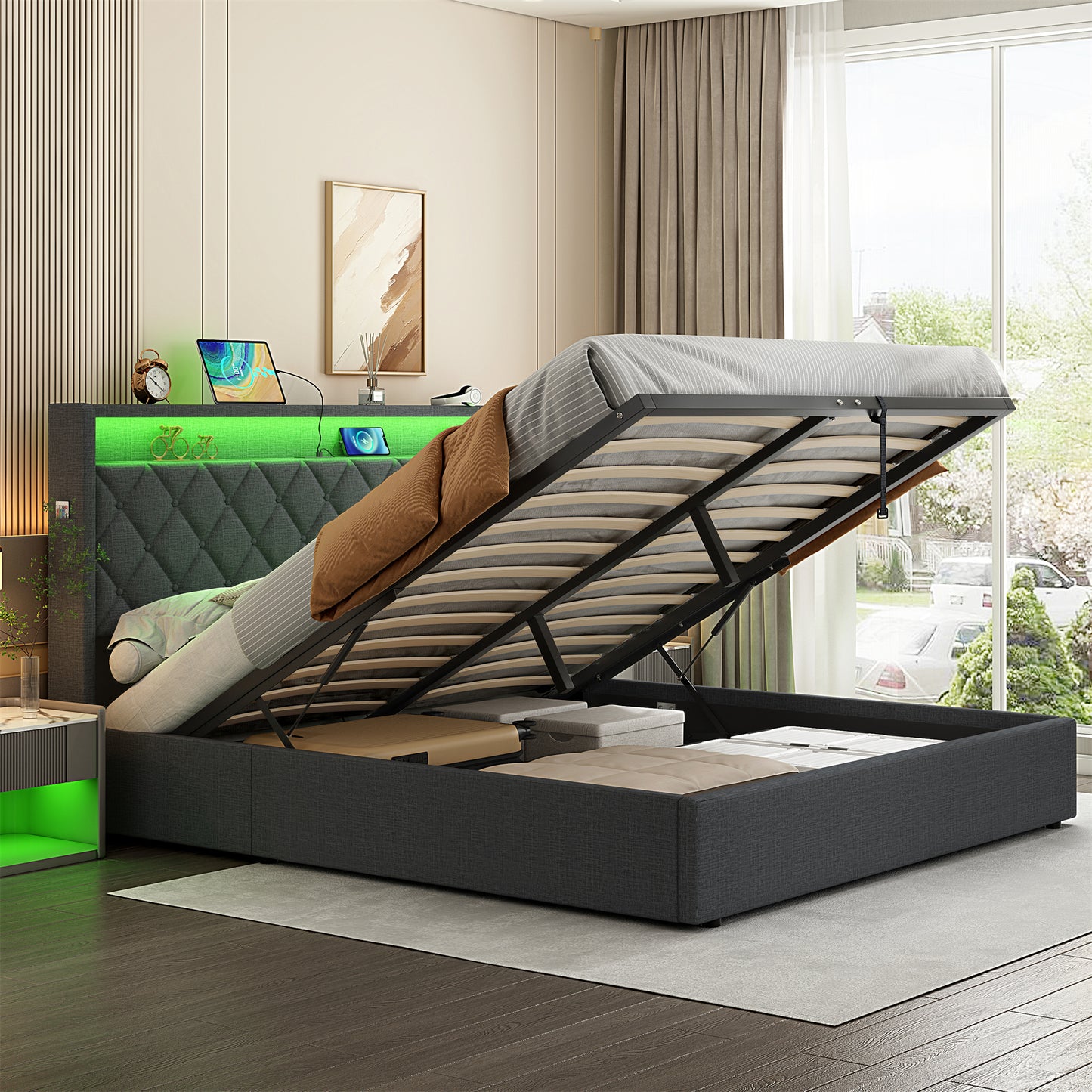 5ft King Upholstered Bed Frame With Hydraulic Storage, Linen Ottoman Bed With LED Lighting, Button Tufted Storage Headboard With Charging Station, No Box Spring Needed, Grey No Mattress