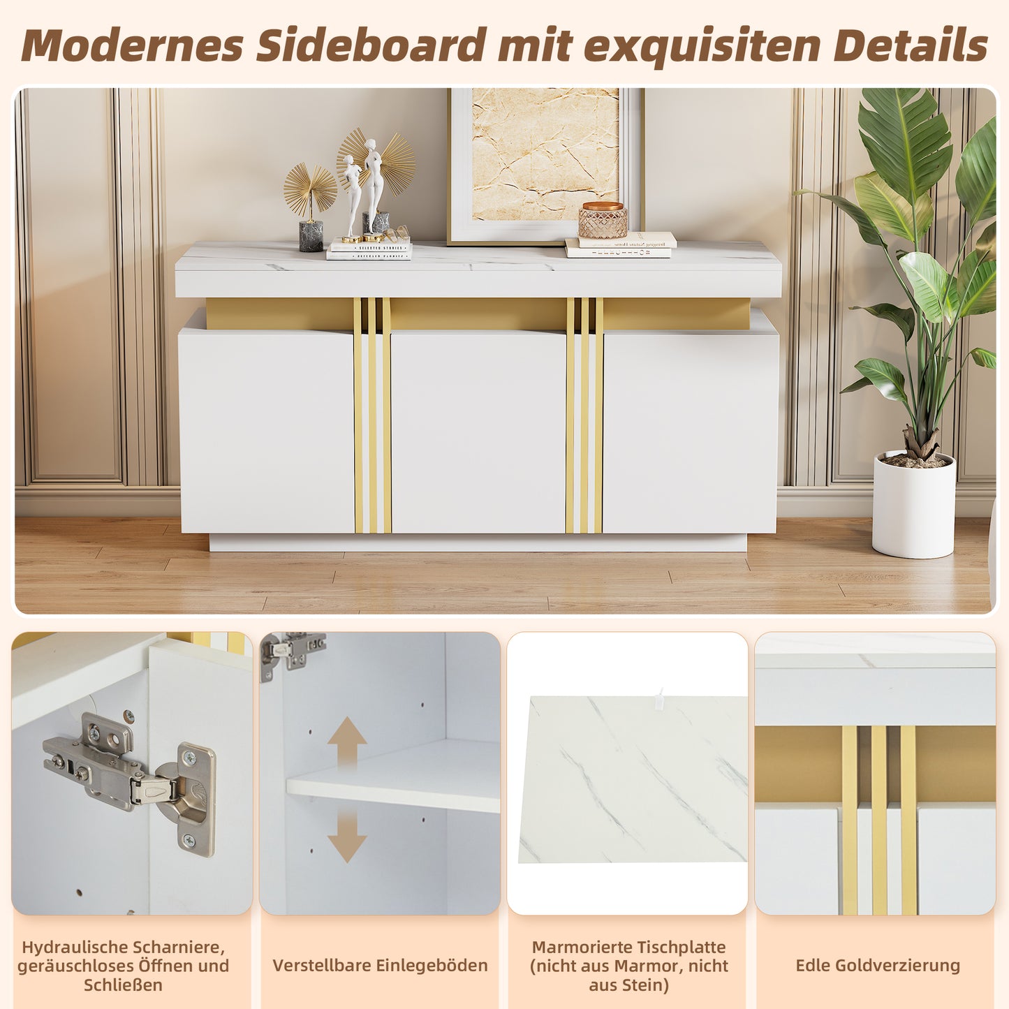 140X38X70cm Modern White Sideboard Display, 3 Doors, Dining Room Cabinet With Adjustable Dividers, Perfect For Kitchen, Living Room, Dining Room, Hallway, Platinum Stitching, Wide Handleless Lockers