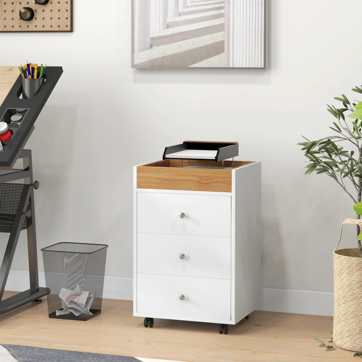 3 Drawer File Cabinet On Wheels Mobile Home Office Storage Cabinet With Top Tray Under Desk Printer Stand, White