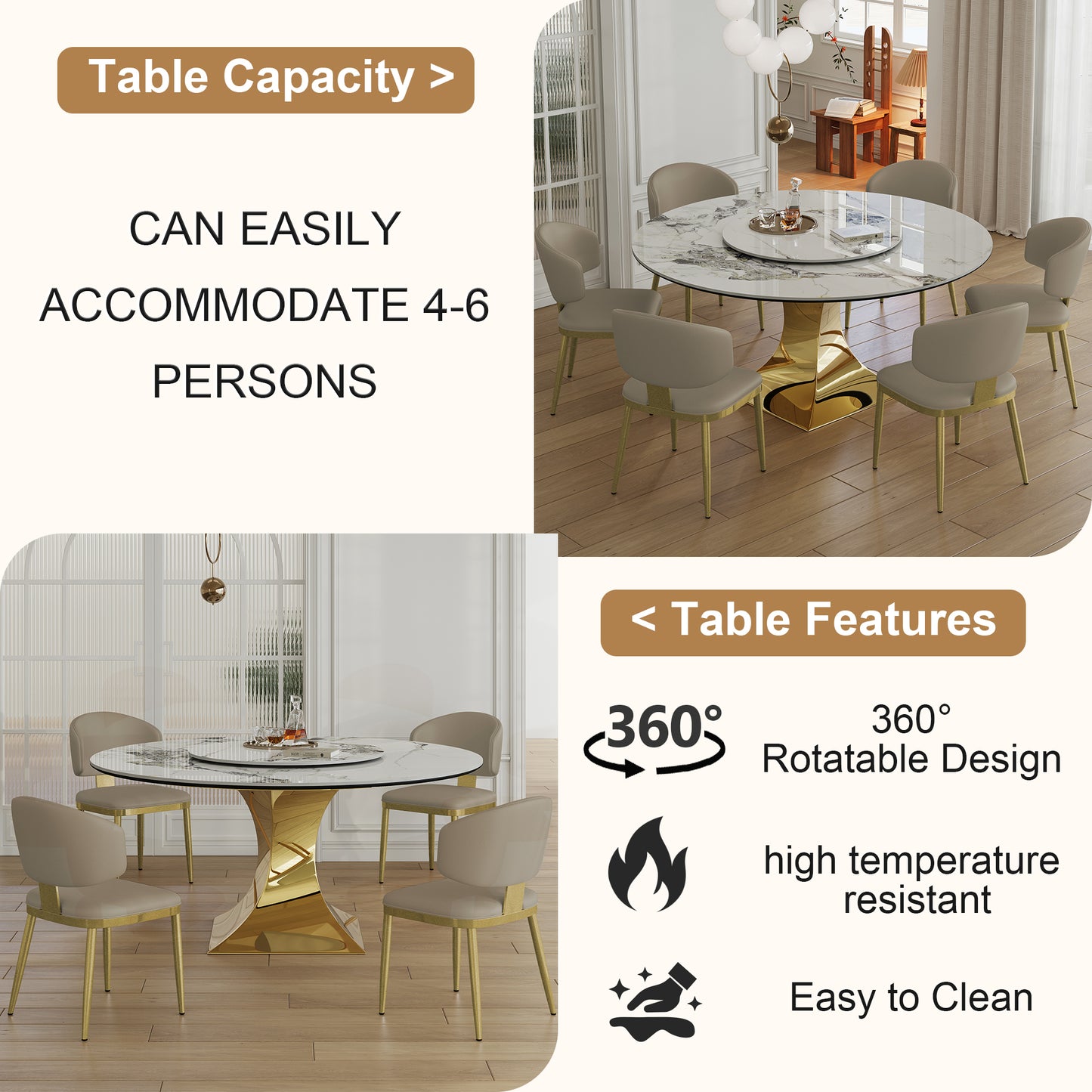 59 Round Sintered Stone Dining Table Set With Gold Stainless Steel Hourglass Base  - Modern Luxury Marble-Look Kitchen Table For 4-6 People  Scratch & Heat Resistant Surface-Only Table