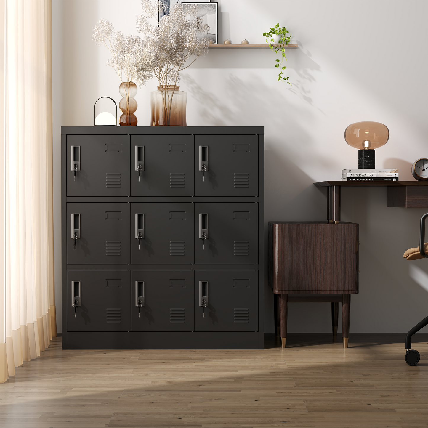 9-Door Employee Storage Locker, Metal Lockers For Office, Gym, School, And Homewith Card Slot  Black