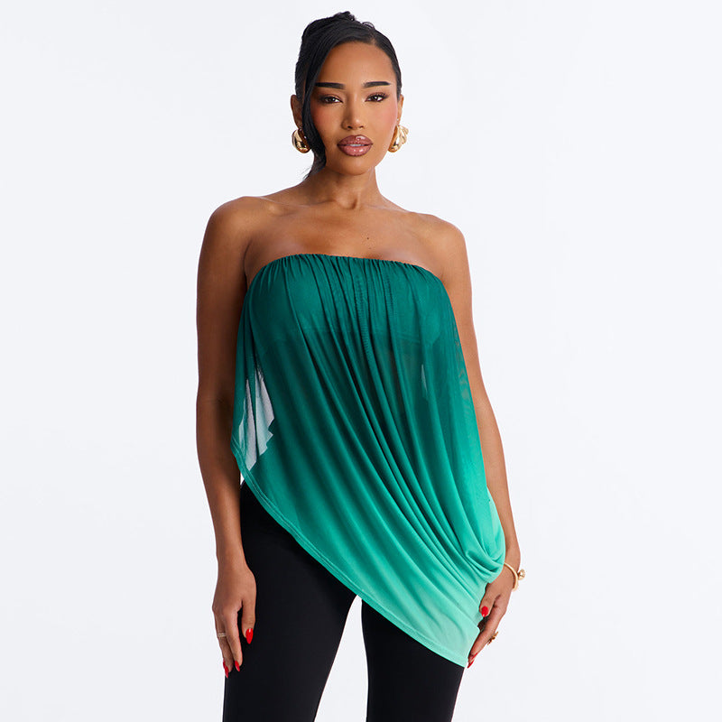 New Autumnwinter Womens Top Gradient-print Mesh Panel Halter Top