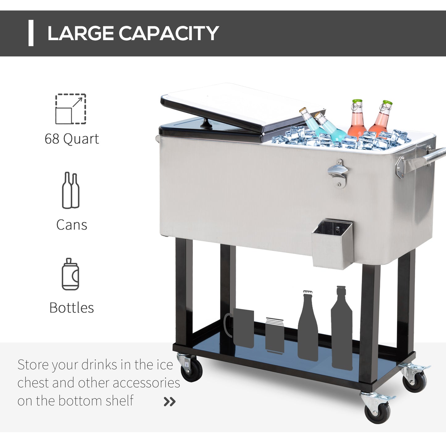 80 QT Rolling Cooling Bins Ice Chest on Wheels Outdoor Stand Up Drink Cooler Cart for Party, Silver