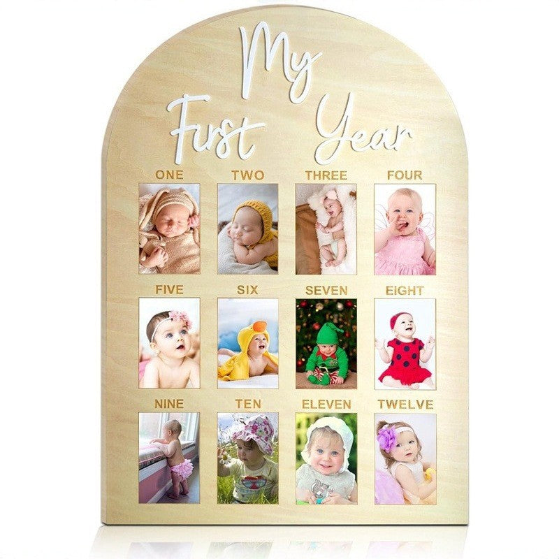My First Year Wooden Baby Photo Frame, 12 Months Milestone Growth Board, Arch Shape Baby 1st Birthday Keepsake Picture Display Plaque, Newborn Shower Gift For Boys Girls Nursery Decor