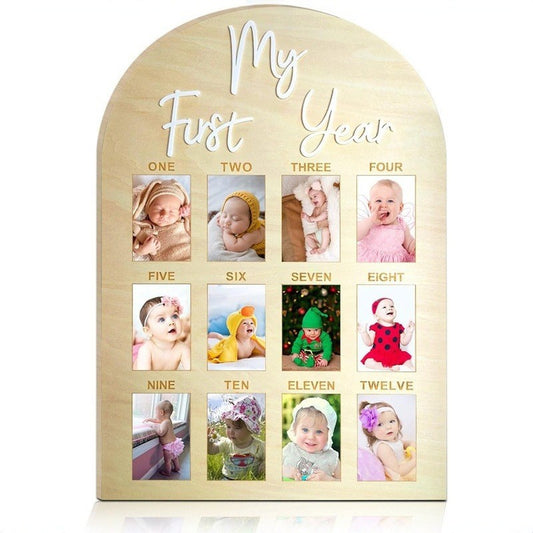 My First Year Wooden Baby Photo Frame, 12 Months Milestone Growth Board, Arch Shape Baby 1st Birthday Keepsake Picture Display Plaque, Newborn Shower Gift For Boys Girls Nursery Decor