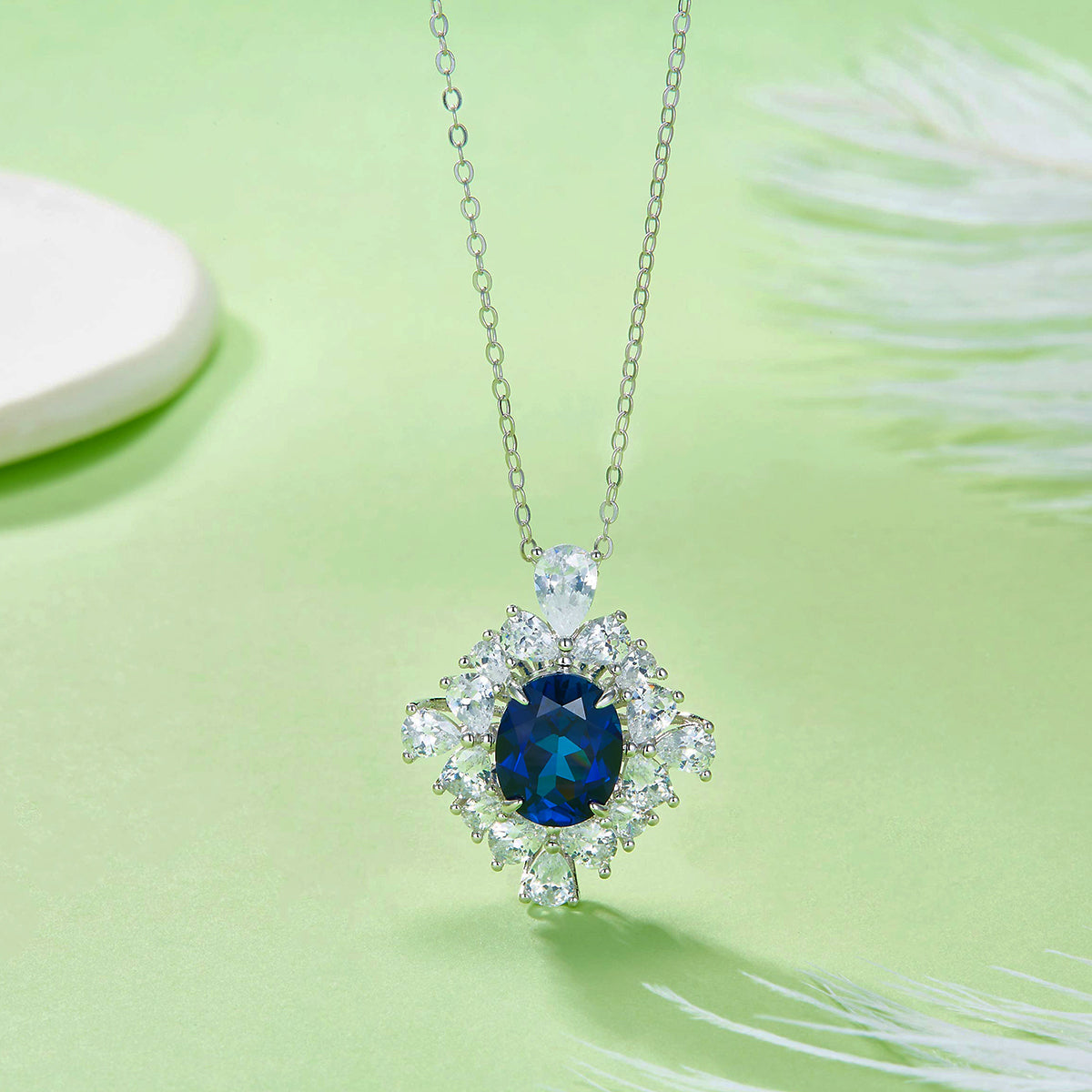 S925 Sterling Silver Floral Halo Pendant Necklace, 10x8mm Lab-Grown Ruby Sapphire Emerald, Platinum Plated 45cm Chain, 5g Gift Box