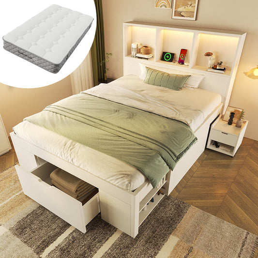 Functional Bed 90x200 Cm White With Storage And Movable Bedside Table 1 Piece , Single Bed Wood With LED Lighting USB-C Charging Function, Youth Bed With Drawers And Shelves, With Mattress
