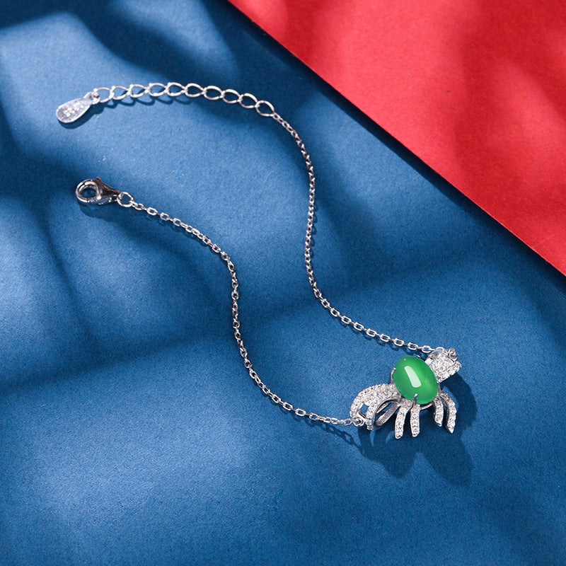 S925 Sterling Silver Bowknot Bracelet, 8x6mm Cabochon Green Chrysoprase, Platinum Plated 2.5g, 19cm Link Chain, Elegant Women's Jewelry With Gift Box
