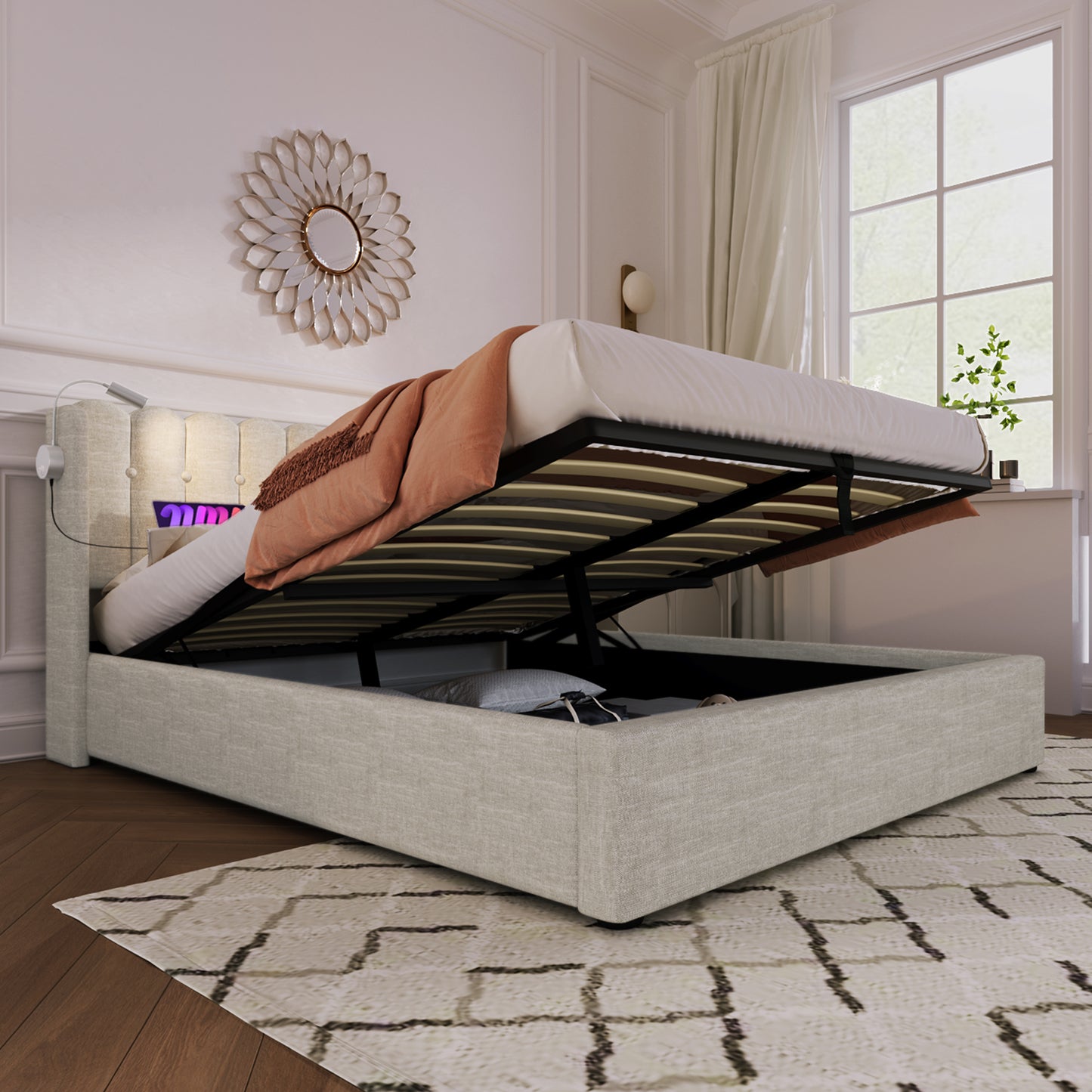 Upholstered Bed Double Bed Reading Light With Charging Function Head Part Storage Bed Frame Linen Material Youth Bed 160x200 With Slate Rust,Of Course Without Mattress