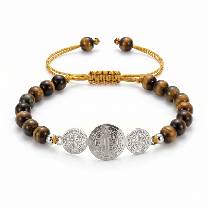 St. Benedict Medal Protection Bracelet - 18K Gold Plated Stainless Steel Natural Tiger's Eye Rhodonite Stone Beads - Adjustable Religious Gift For Men Women