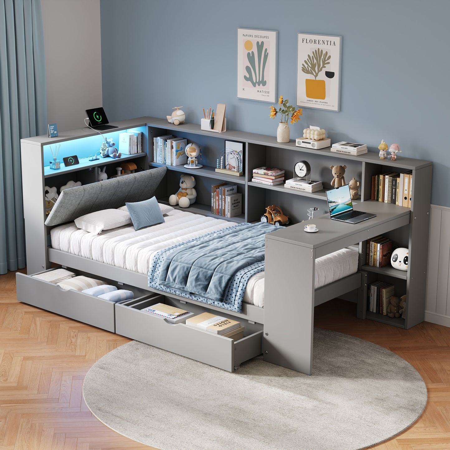 3ft Single L-Shape Daybed With Storage Drawers And Bookcase Storage, LED Linen Concealed Headboard Storage With Charging Station, Wood Bed For Living Room Bedroom Study Room, Grey  No Mattress