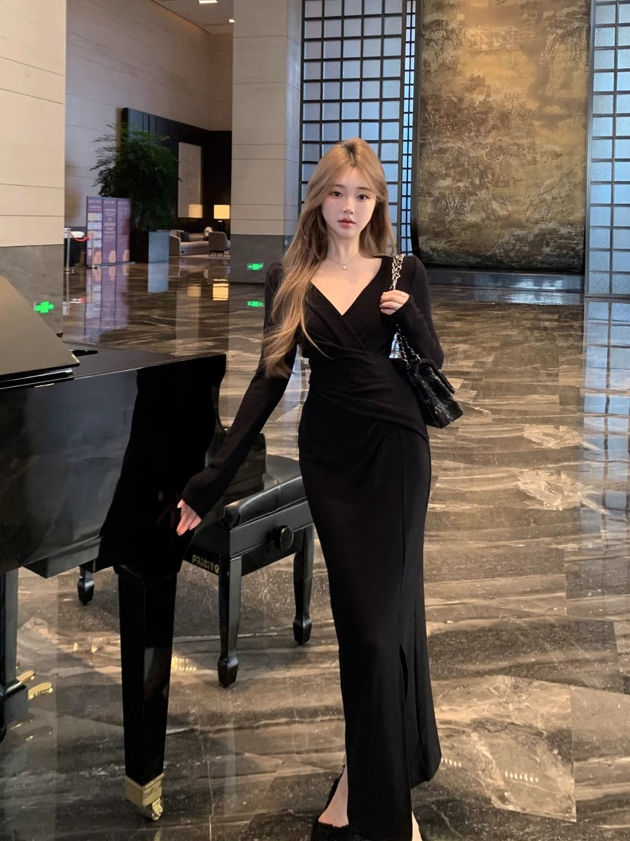 Womens Stylish Slit Body-hugging Long-sleeve Dress