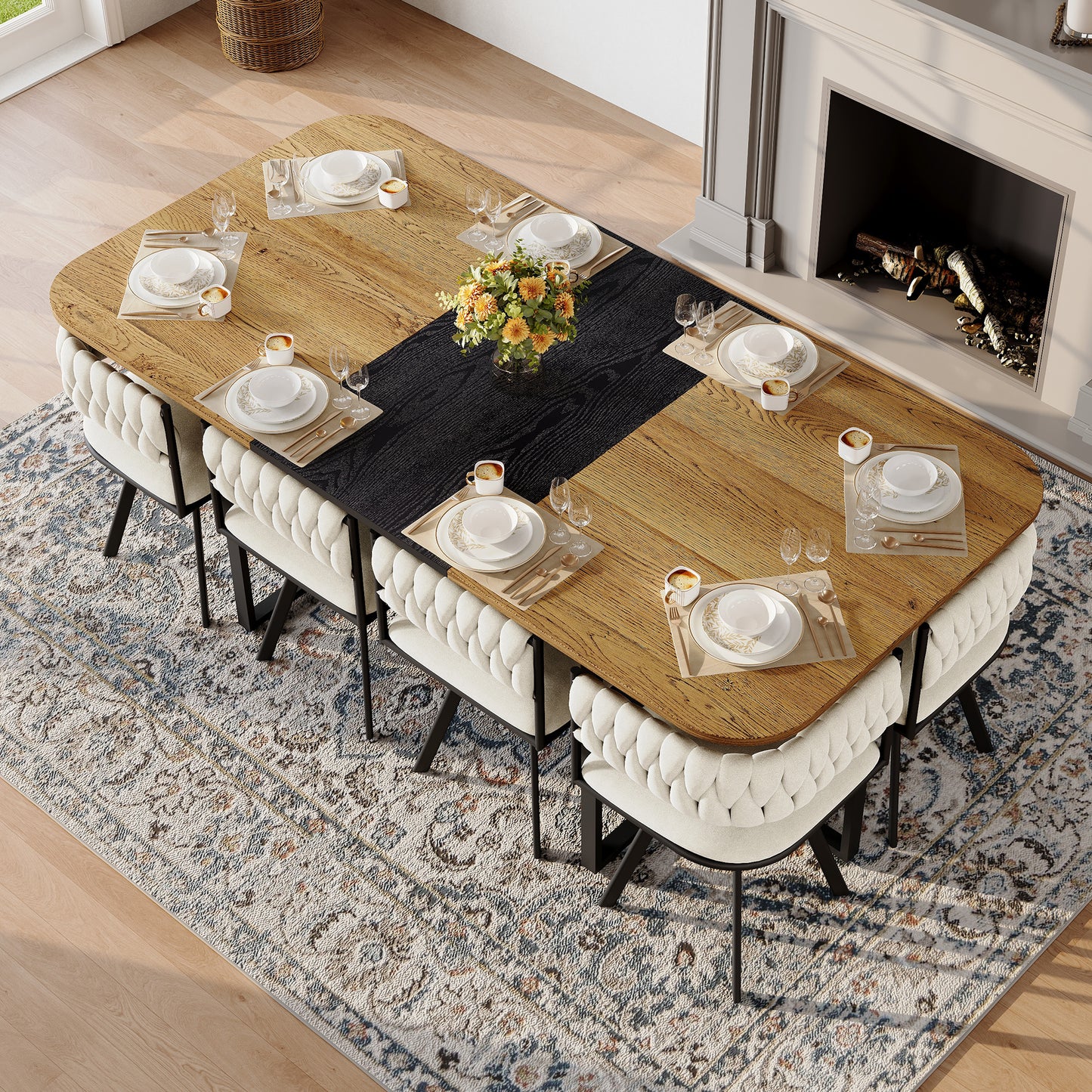 9-Piece Square Dining Table Set, Fixed Two-Tone Wood Grain & Black Wood Grain Triamine Tabletop With 8 Beige Velvet Chairs, Modern Kitchen Table Set For 8 People, Ideal For Family Gatherings