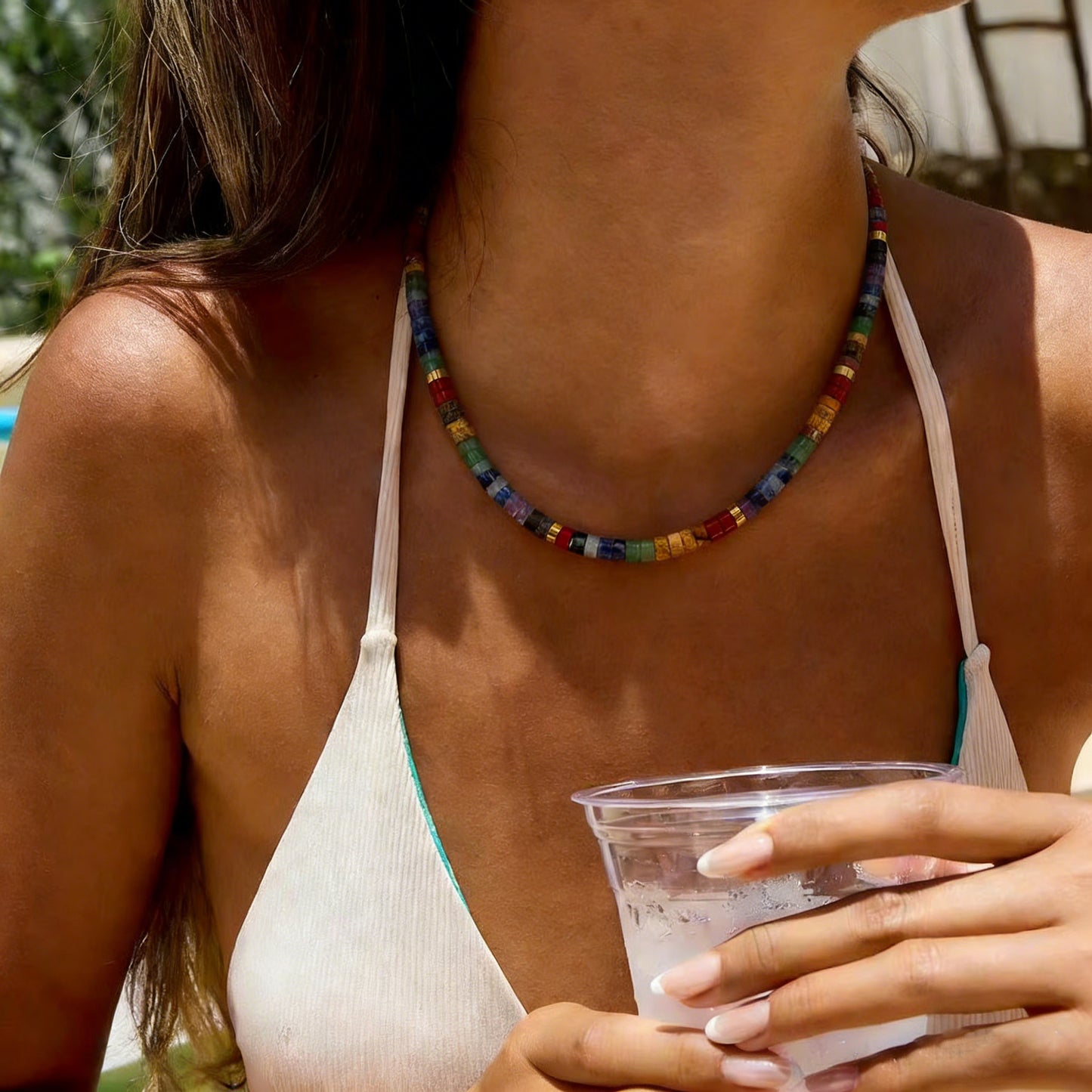 7 Chakra Heishi Bead Choker Necklace For Women, Colorful Natural Stone Tube Beads, Gold Extension Chain, Boho Jewelry Gift Daily Wear