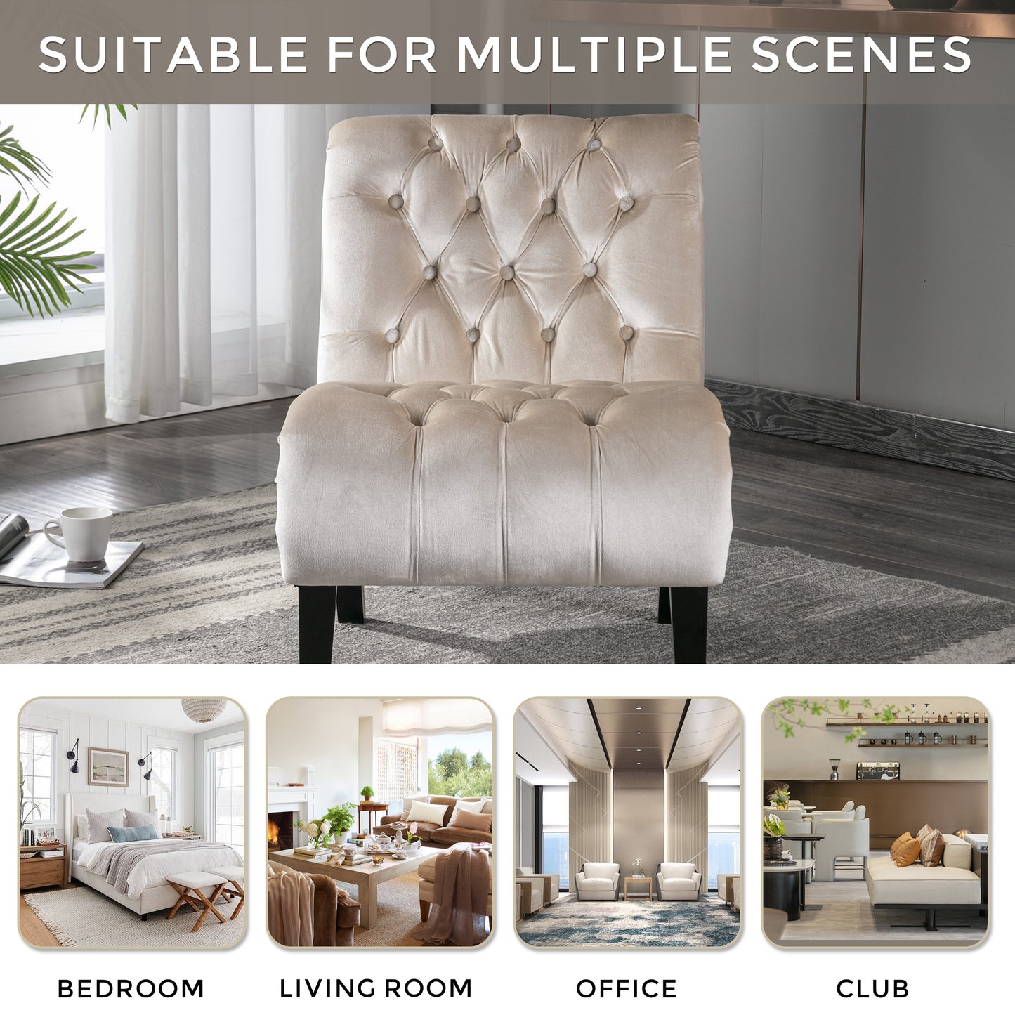 COOLMORE Modern Velvet Armless Accent Living Room Chair   Leisure Chair,Upholstered Fabric Button Comfortable Chair With Wooden Legs For Bedroom, Living Room, Office  Beige Velvet