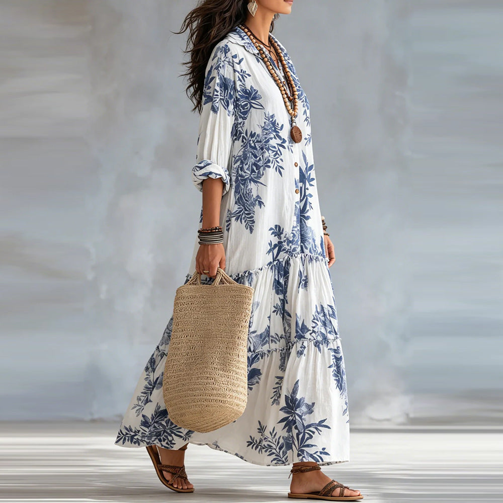 New Womens Casual Long-sleeve Lapel Dress