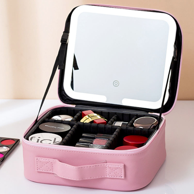 Makeup Bag With Mirror And Light Rechargeable PU Leather Travel Storage Box