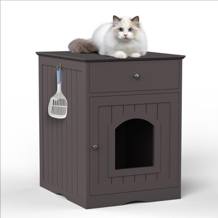 Wooden Pet House Cat Litter Box Enclosure With Drawer, Side Table, Indoor Pet Crate, Cat Home Nightstand Brown