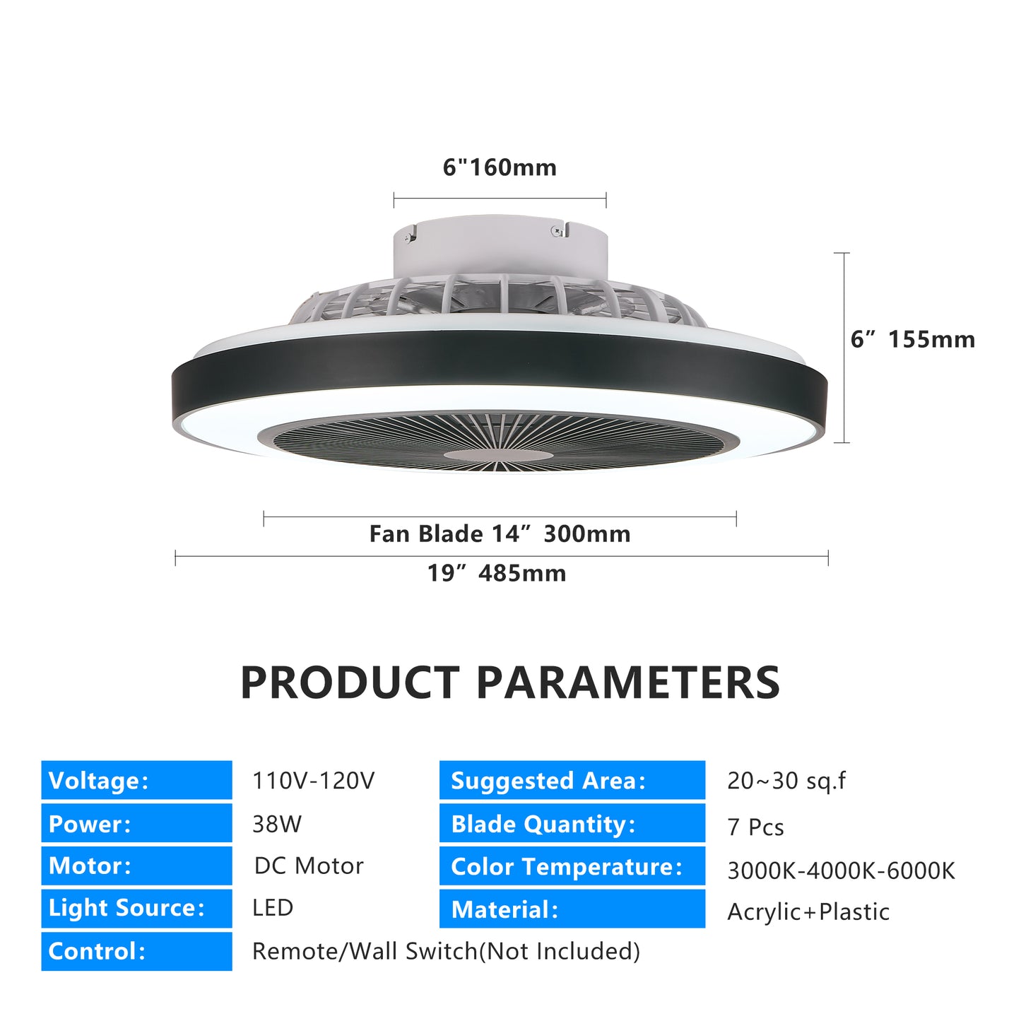 19-inch Black Ceiling Fan Light With LED RGB  Dimmable  Color-Changing, APP  Remote Control, Modern Smart Ceiling Fan For Living Room, Bedroom, And Dining Room Silent 6-Speed Reversible DC Motor