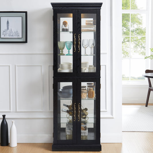 Elegant Lighted Glass Curio Display Cabinet - Wooden Frame Storage For Living Room, Kitchen & Pantry - Includes Light Bulb - Ideal For Wine, Toys & Collectibles - Black
