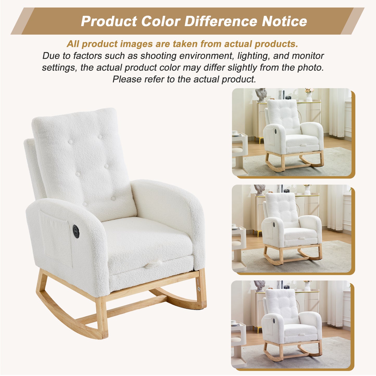 66.5x121.5x102cm Rocking Chair With USB Charging Ports, Nursing Rocking Armchair,Teddy Fabric Glider Rocker With Adjustable Footrest,Side Pocket, For Nursery Bedroom Living Room, White