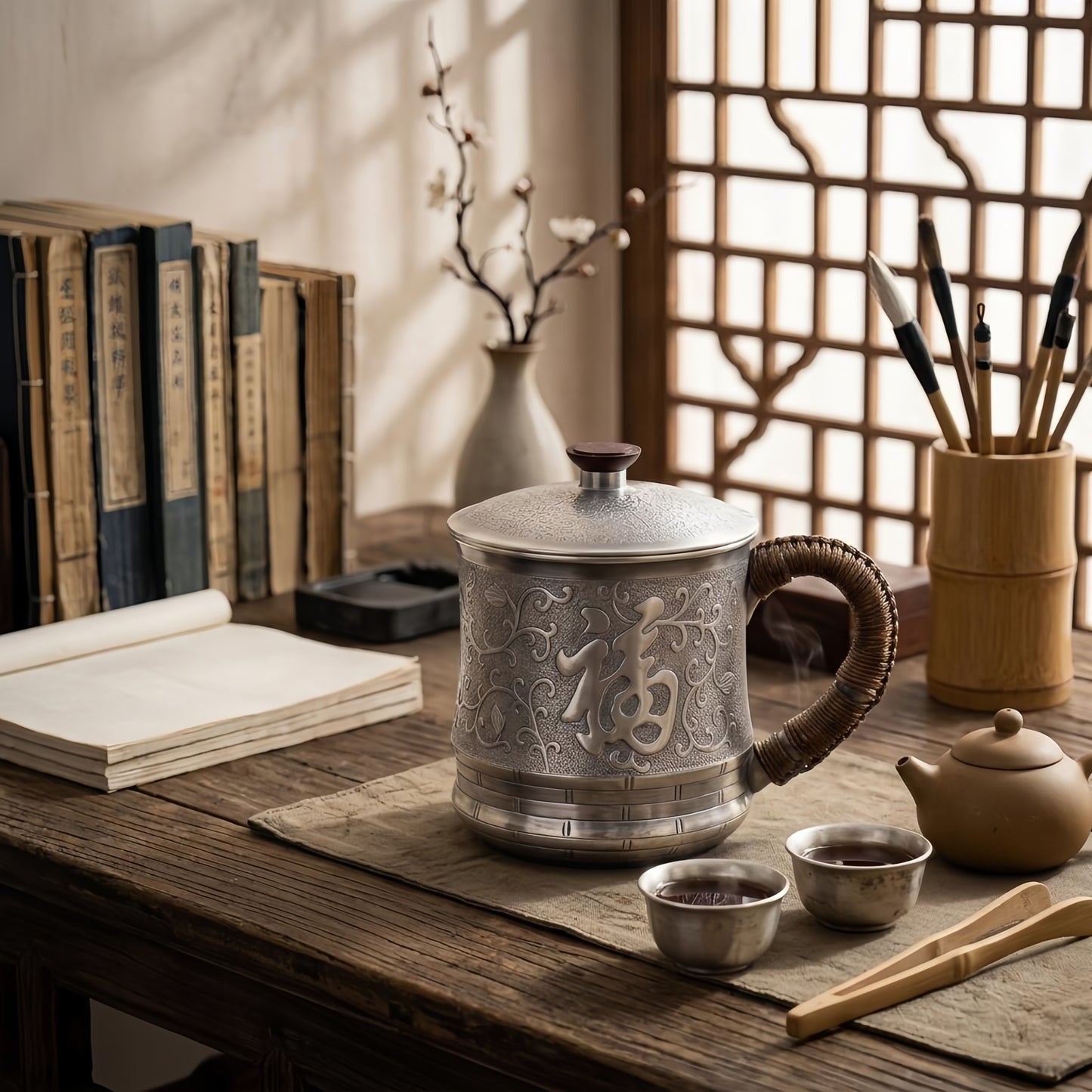 Pure 999 Fine Silver Antique Style Silver-Tone Tea Mug with Embossed Fu Symbol and Braided Rattan Handle - Handicraft