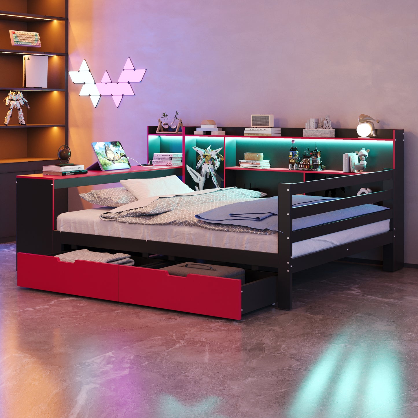 Wooden Bed Sofa Bed 140 X 200 Cm, With Desk, Bookcase, Storage Compartments And Shelves, With Integrated Lighting And Sockets, Drawers, Multifunctional Wooden Bed, Black  Red