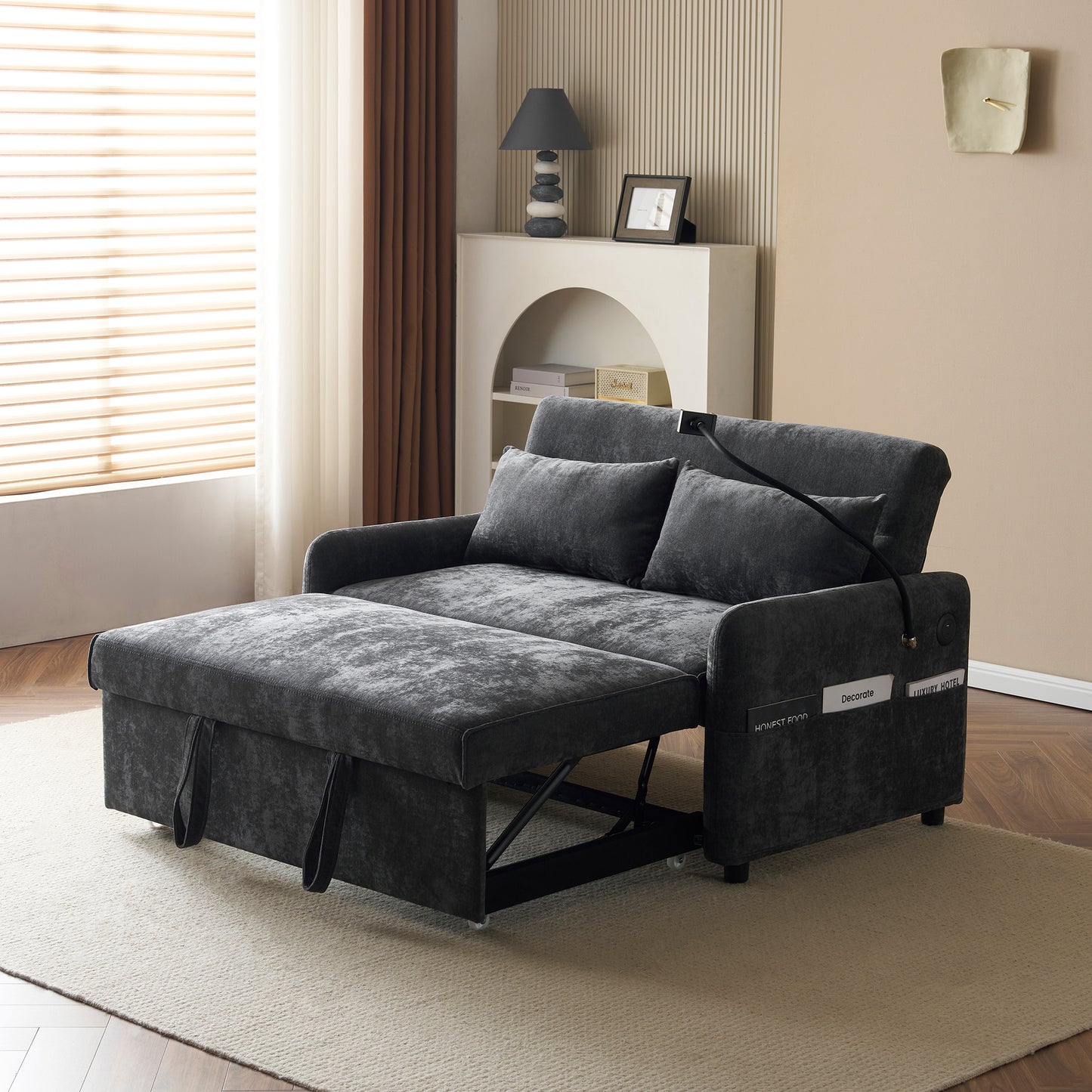 Modern 2 Seater Sofa Bed, 3 In 1 Convertible Design With Adjustable Backrest, Phone Holder, USB Ports And Side Pockets, Pull Out Chenille Sofa Bed For Living Room, Guest Room And Office, Grey