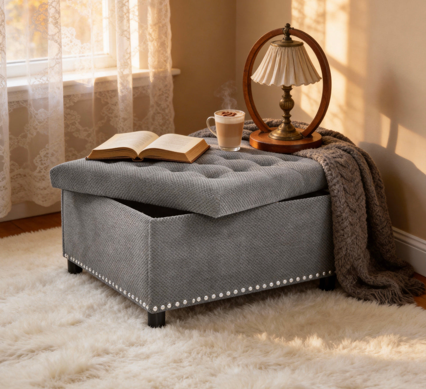 Storage Ottoman, Tufted Footstool, Nailhead Trim Ottoman, Square Storage Ottoman, Upholstered Coffee Table, Bedroom Storage, Living Room Accent, Light Gray Ottoman, Small Space Furniture, Home Decor.