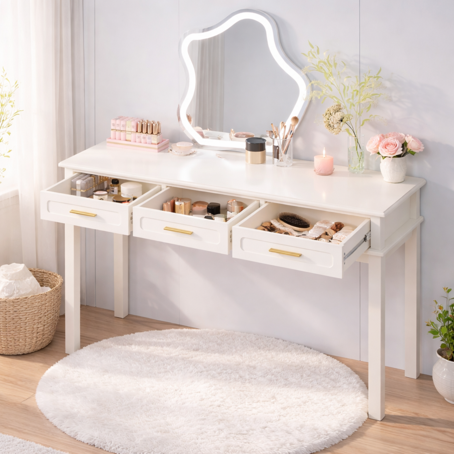 Cream White Vanity Desk With 3 Drawers, Modern Makeup Table Or Writing Desk, Multipurpose Dressing Table For Bedroom, No Mirror Included