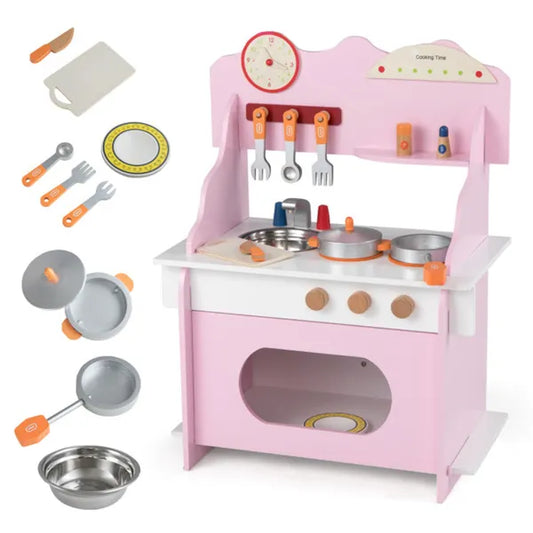 Pink Wooden Toddler Play Kitchen With Sink & Accessories, Safe Gift For Kids 3+