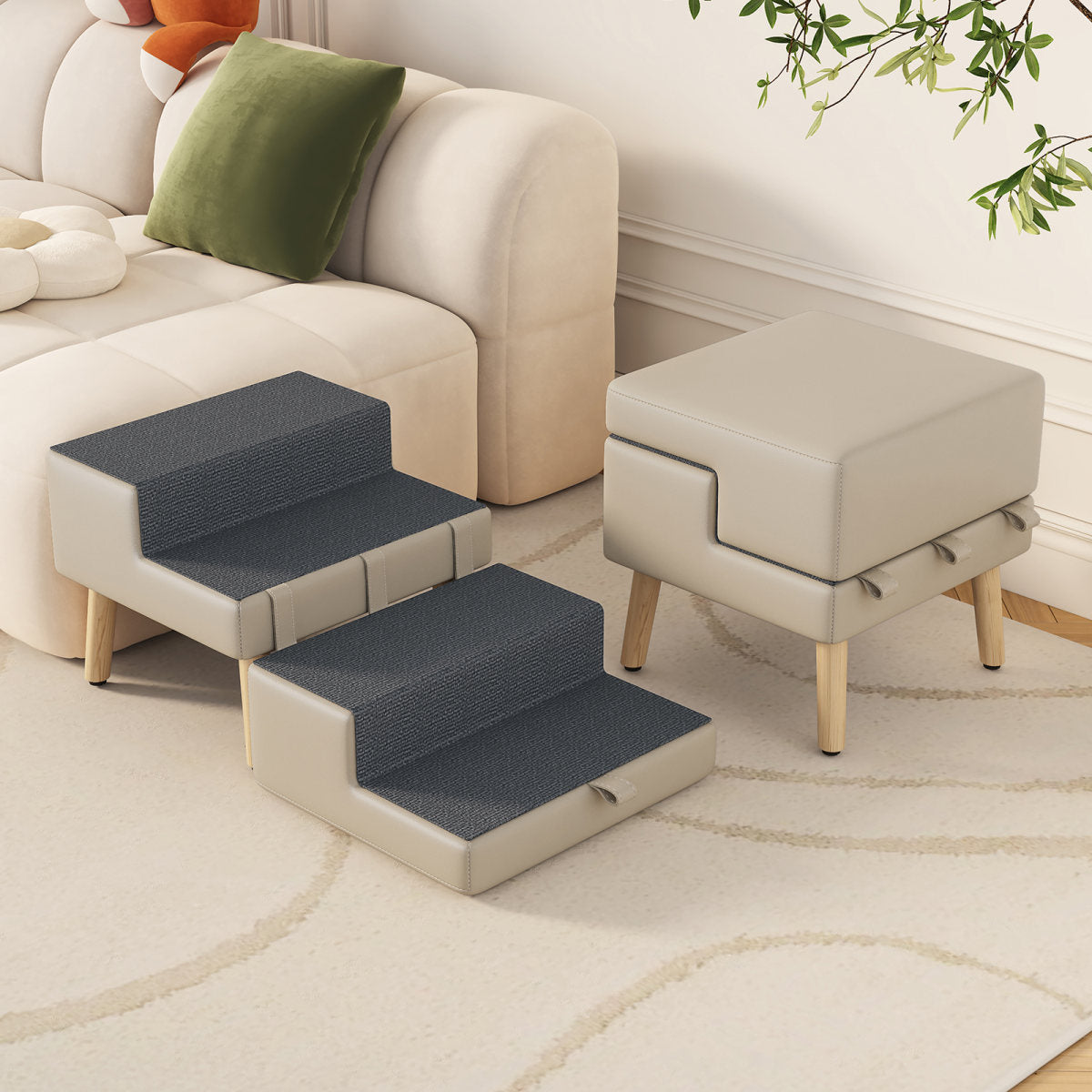 4-Step Ottoman Dog Stairs, 2-in-1 Foldable Pet Ramp for Bed,  Dog Ramp for Small Puppy and Cats, Sturdy Wood Frame Support with Non-slip walking surface, Holds Up To 220lbs ( Light Grey Color )