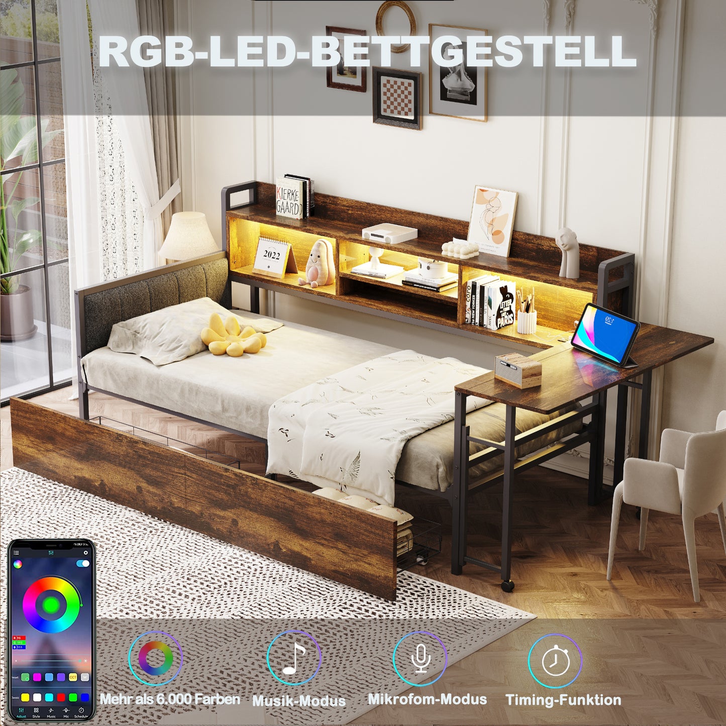 Iron Sofa Bed 90 X 200 Cm, With LED Lighting And Storage Space, With Drawers And Multifunctional Socket, Fold-out Desk, Soft Backrest, Single Bed, Wood Colour