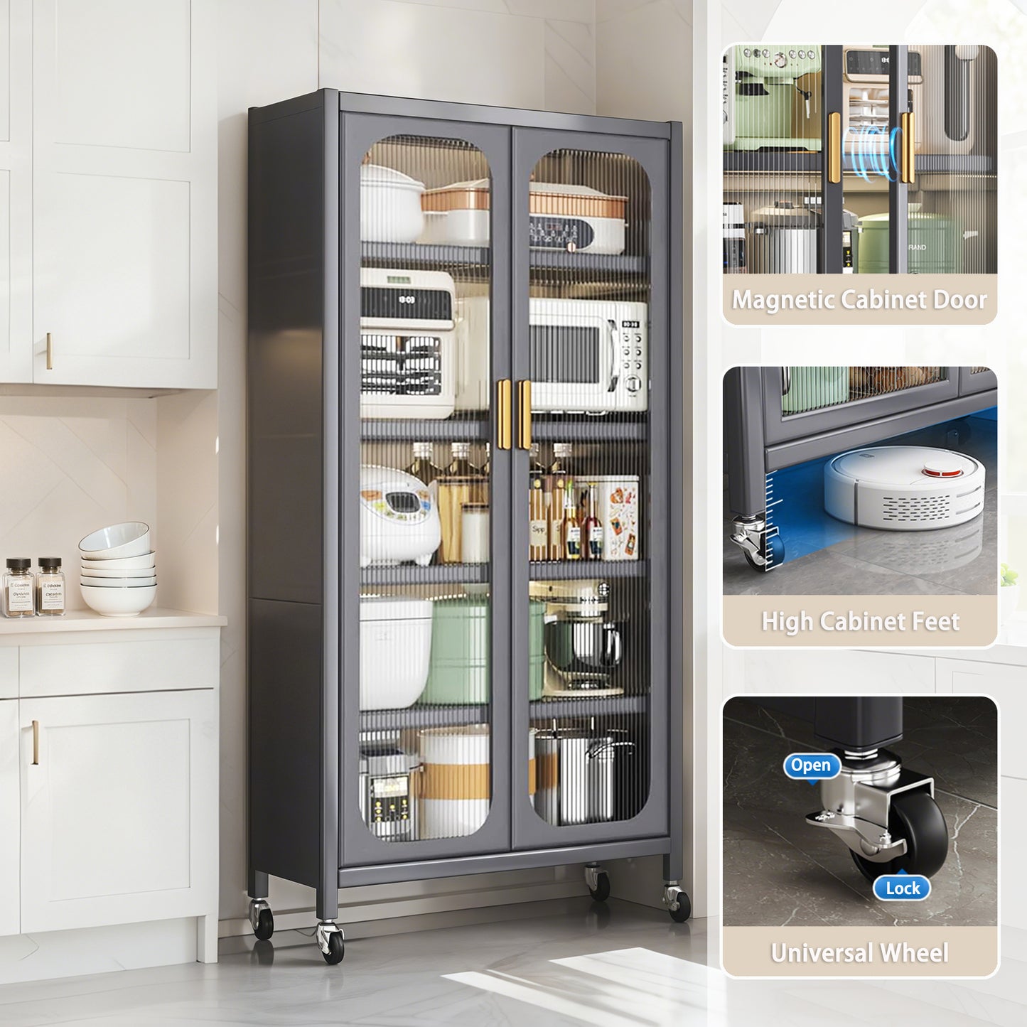 65  Kitchen Pantry Storage Cabinet, 6 Tier Metal Display Storage Cabinet With Transparent Door, Adjustable Shelves & Wheels, Food Pantries Cabinets, For Kitchen, Living Room And Dining Room, Gray
