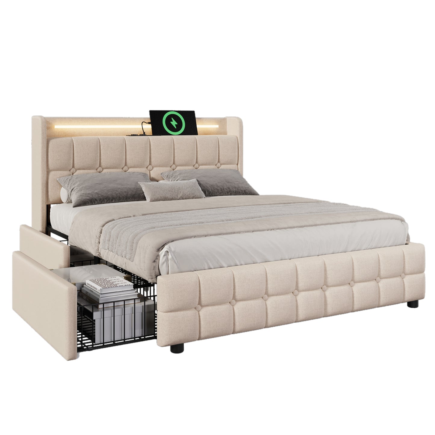 Upholstered Bed With Charging, USB Charging Function, Headboard And LED Lighting And 4 Drawers, Double Bed 160x200cm, Storage Beds, Bed Frame, Wooden Slatted Base, Beige  Without Mattress
