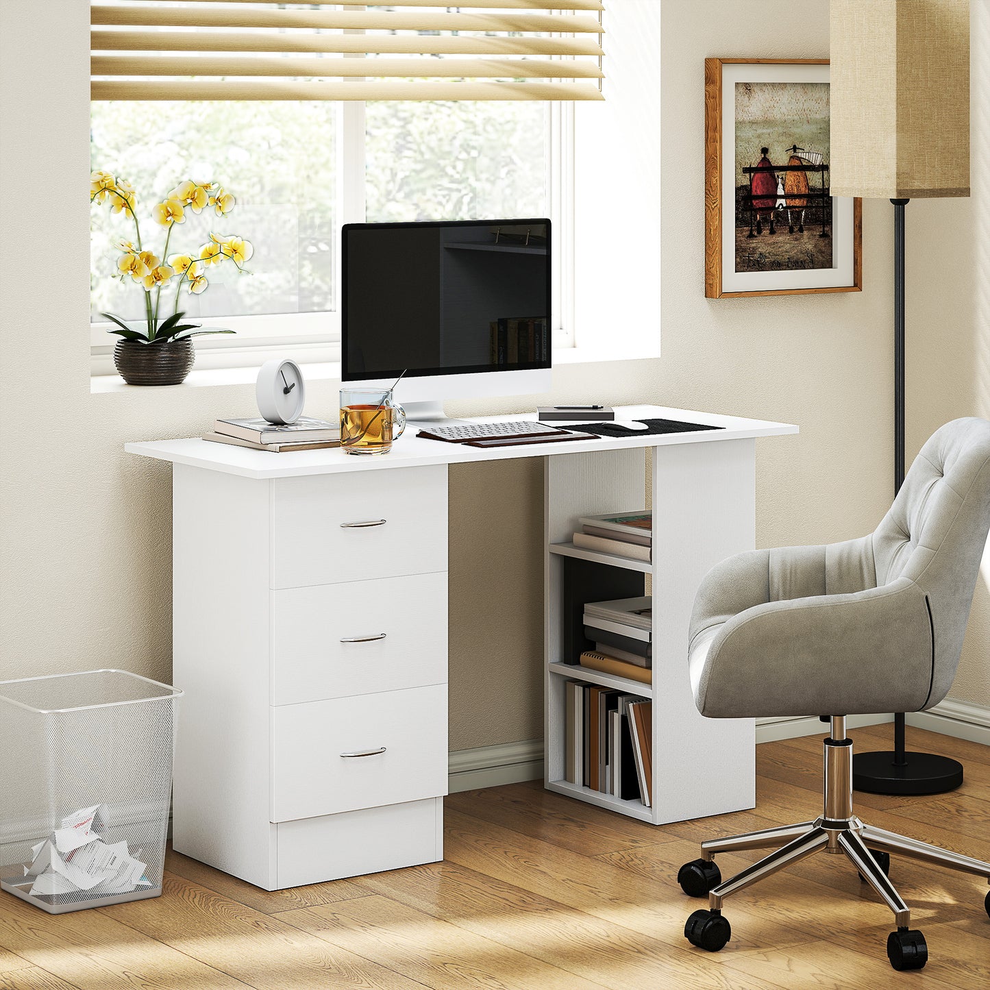 Computer Desk, Writing Table, PC Workstation With 3 Storage Shelves And Drawers, Silver Handle, For Home Office, White