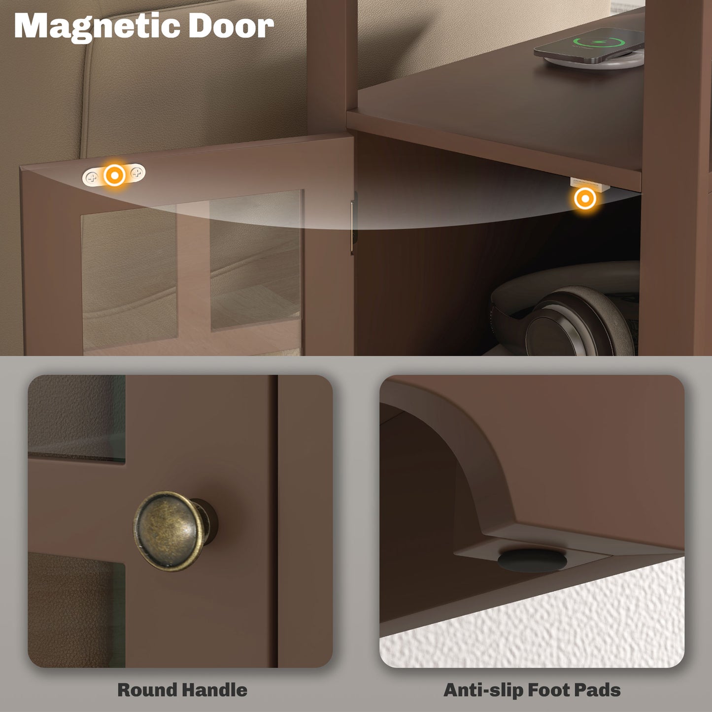 Narrow Side Table End Table with Charging Station, USB Ports, Modern End Table with Storage for Living Room, Brown