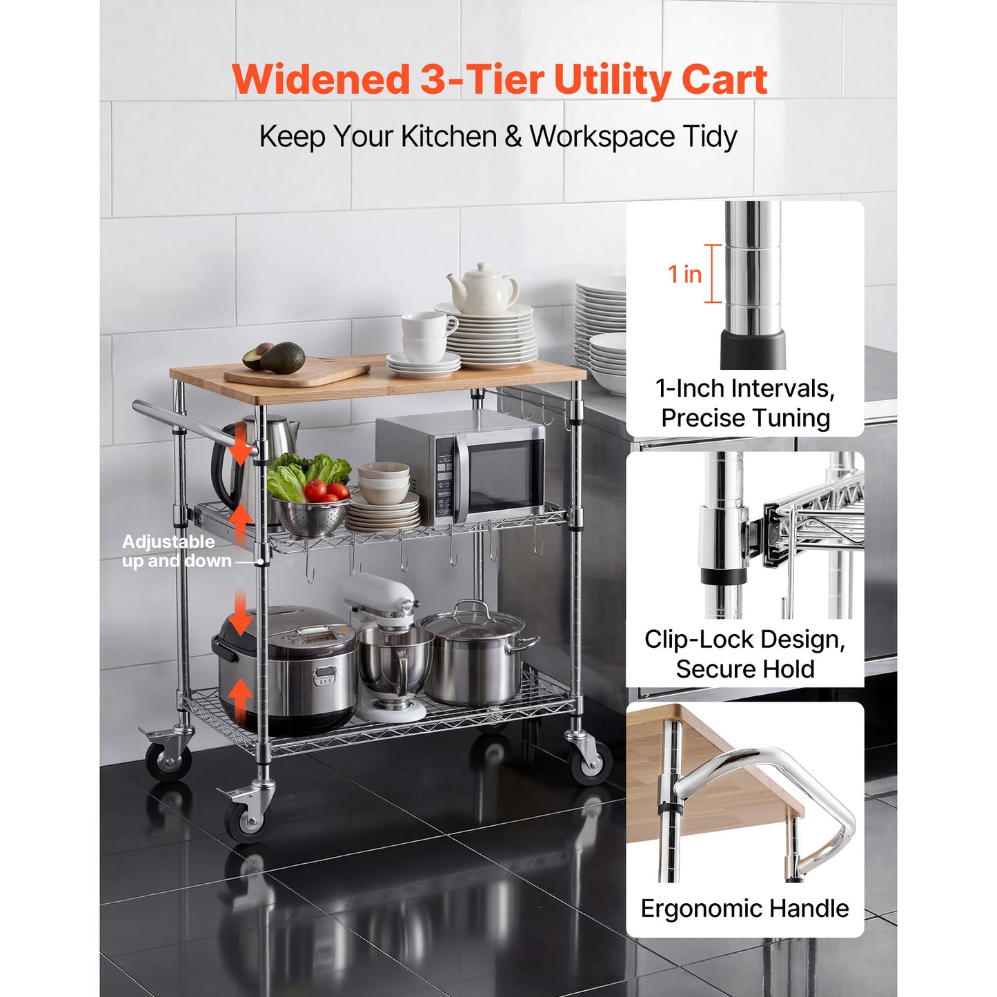 Kitchen Utility Cart, 3 Tier Heavy Duty Adjustable Wire Storage Rack With Wood Tabletop And Handle Bar, Rolling Portable Service Trolley On Wheels, 661 Lbs Steel Work Table, 30x18x36 In