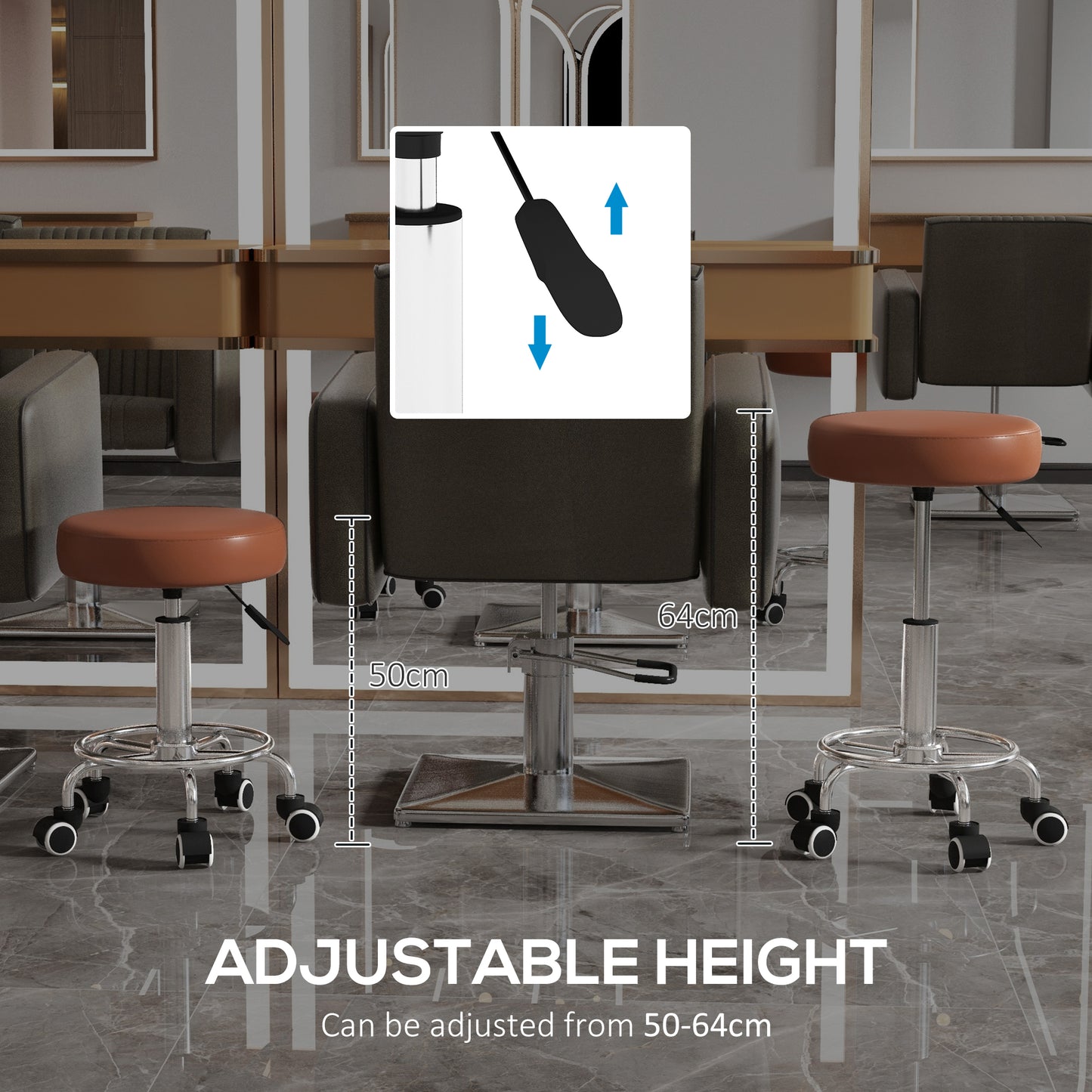 Vinsetto PU Leather Rolling Stool, Height Adjustable Stool Chair With Wheels For Salon, Massage, Spa, Brown