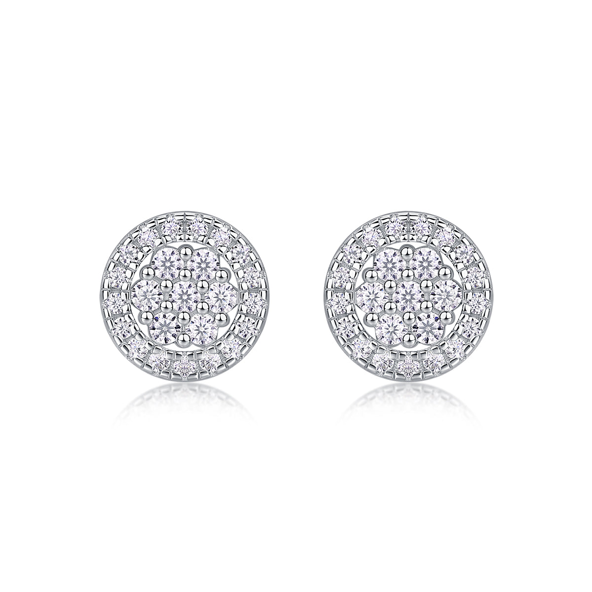 S925 Sterling Silver Round Halo Stud Earrings, D-VVS1 Moissanite Pave Cluster, Platinum Plated 1.4g Women's Jewelry Gift Box