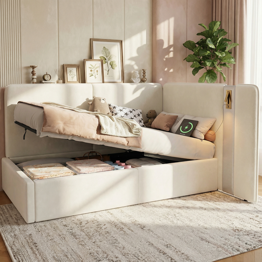 Daybed,  3FT Single Bed 90x190cm, L-shaped Upholstered With Storage, Sofa Bed, Hydraulic Bed With USB Charging Port And Reading Lamp, Velvet, Beige