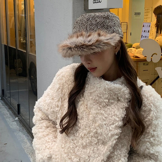 Korean Niche-design Faux Fur Vintage Flat-top Hat