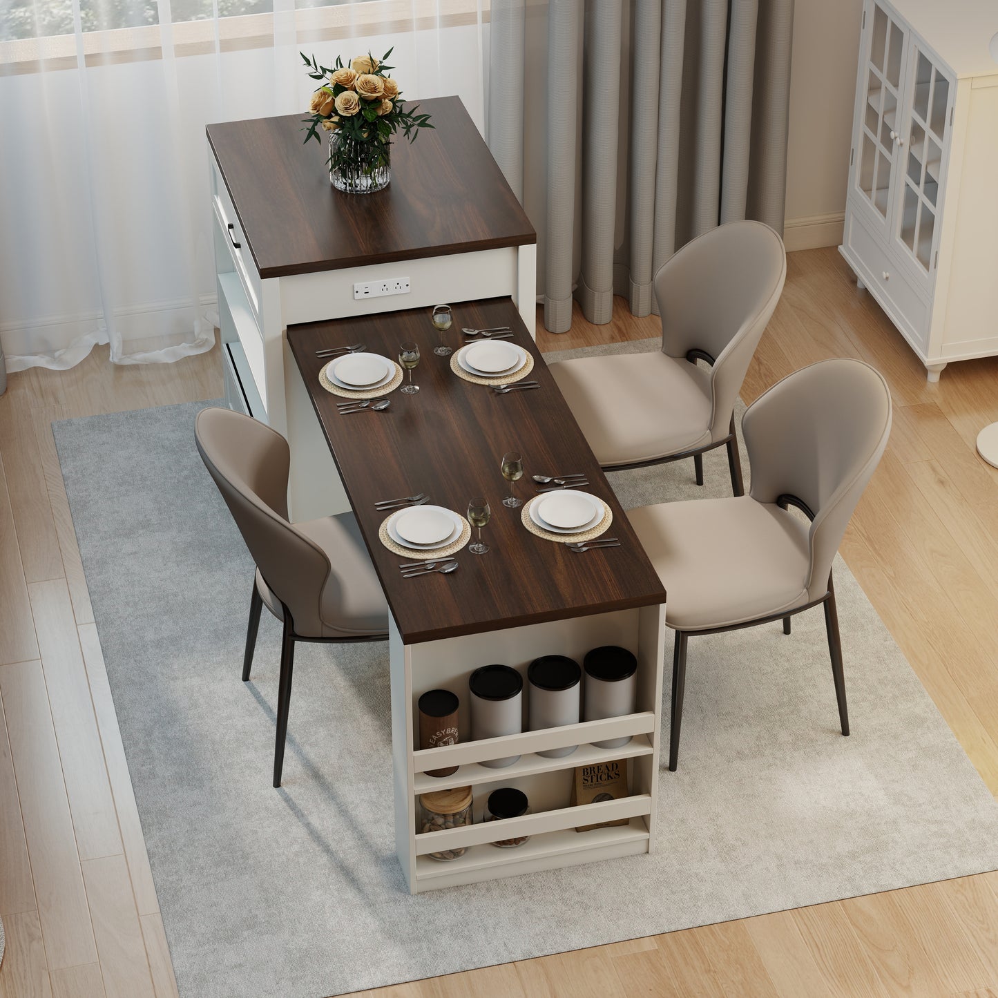83.1 Extendable Kitchen Island With Slide Out Table And Storage Racks For 2-6 Person,Kitchen Island With Tempered Glass Doors,Walnut Woodgrain Dining Table,Power Outlet,Bar,Prep Station Cream White
