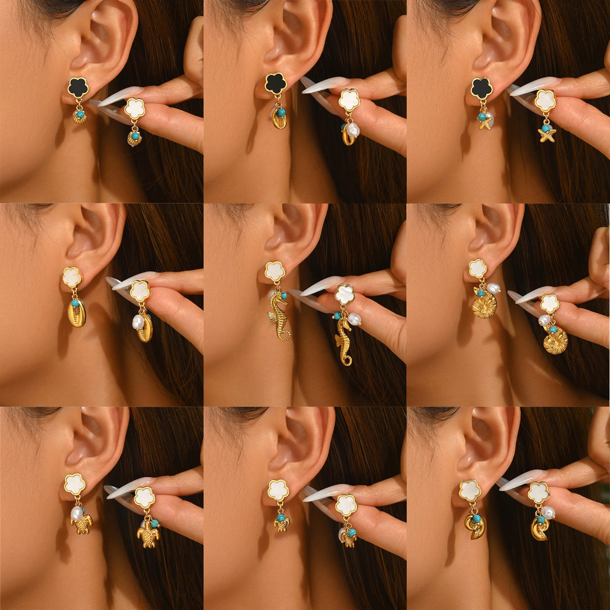 New Arrival Cross-Border European American Earrings, Geometric Five-Leaf Clover Stud Earrings Inlaid Turquoise, Versatile Premium Ear Jewelry For Women