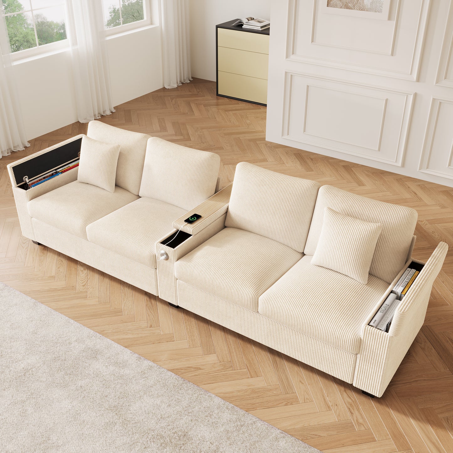 Modern 4-seater Corduroy Sofa, Living Room Sofa With USB USB-C Charging Function, Foldable Center Armrest, Hidden Storage Space, Comfortable Sofa For Office And Home, Beige.