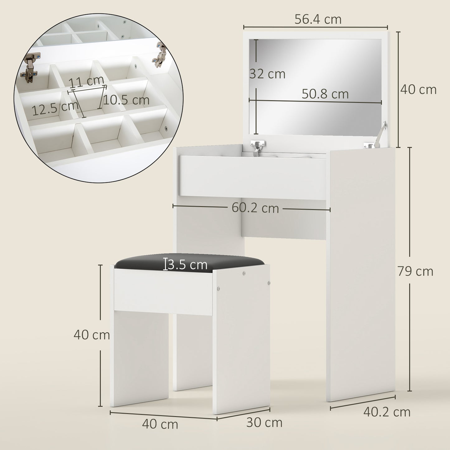 Dressing Table With Mirror And Stool, Vanity Makeup Table With Flip Up Mirror, Vanity Desk With Storage Unit And Padded Seat, White