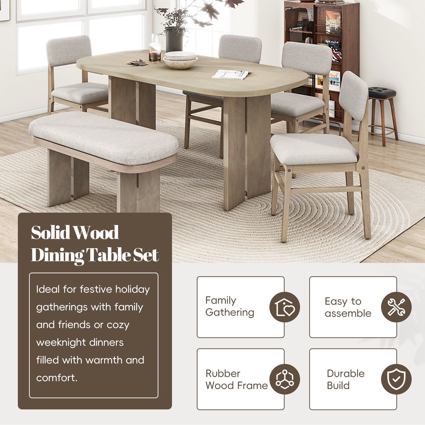TOPMAx Solid Wood Dining Table Set With Bench -  6- Piece Upholstered Rectangular Dining Room Table Set With Bench  2- Color Modern Farmhouse Kitchen Furniture For Family Gatherings Natural