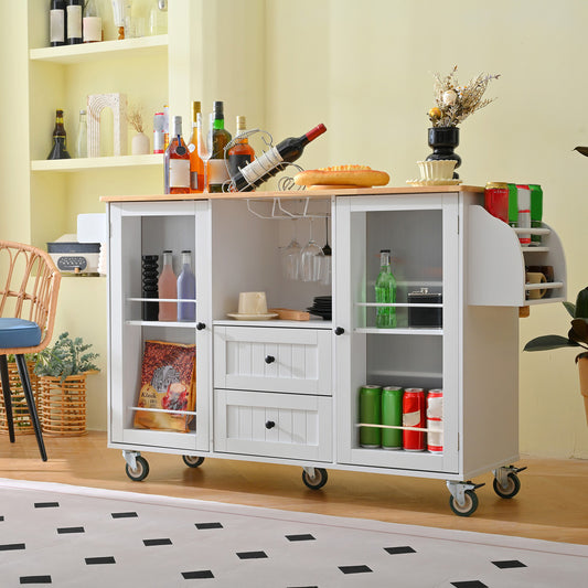 Kitchen Island Cart Rolling On Wheels With 13 Storage Areas Drop Leaf Bar Countertop Side Open Condiment Rack Tower Rack Extra Storage Table Modern White
